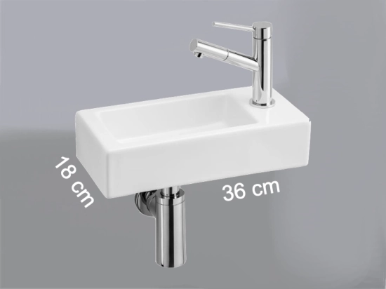 Lave-mains pour toilettes, suspendu et compacte, en céramique blanche, Largeur 36 cm, Profondeur 18 cm, Hauteur 9 cm, Livraison 5-7 jours OFFERTE.